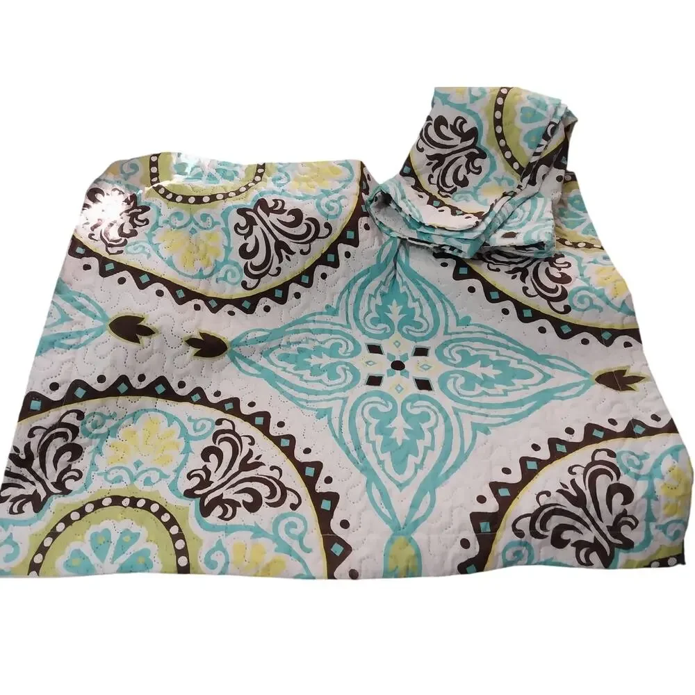 SPIRIT LINEN! WHITE W/YELLOW, AQUA & BROWN MANDALA QUILT & 2 SHAMS! SZ QN
